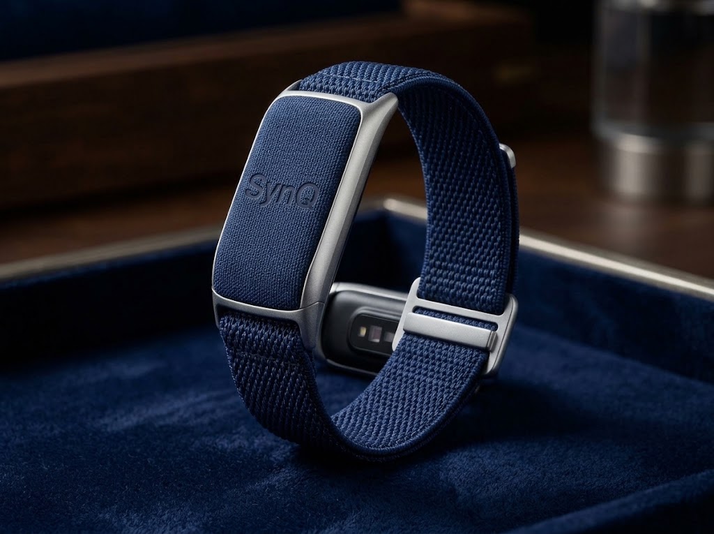 SynQ fitness tracker band in Blue Graphite: navy woven strap with a graphite-silver frame