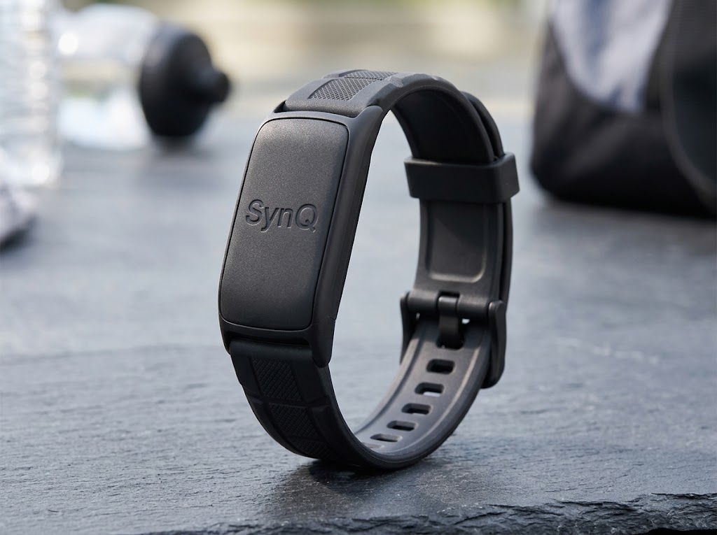 SynQ sport fitness band in all-black with a textured sport strap