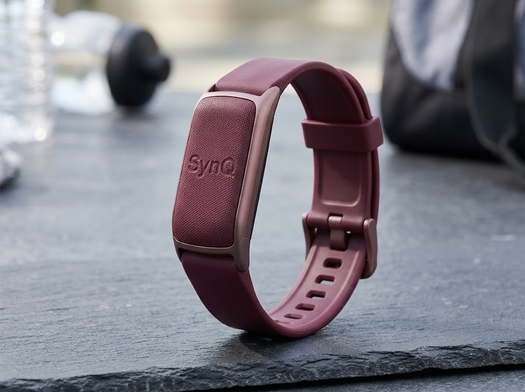 SynQ sport fitness band in Burgundy with a rose gold frame and sport strap